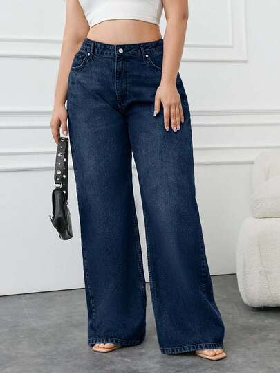 EURMUSE 100% Cotton Plus Size Women's Blue Straight Leg Casual Wide Leg Jeans