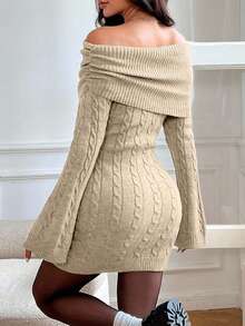 EURMUSE Váy len bó sát tay loe trễ vai màu trơn thanh lịch dành cho nữ, mùa thu/đông - Màu be - Xem 2