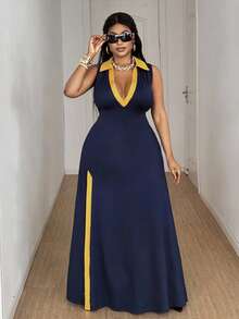 Maweii 大码女式撞色高开衩无袖性感连衣裙 - 藍色 - 查看 4