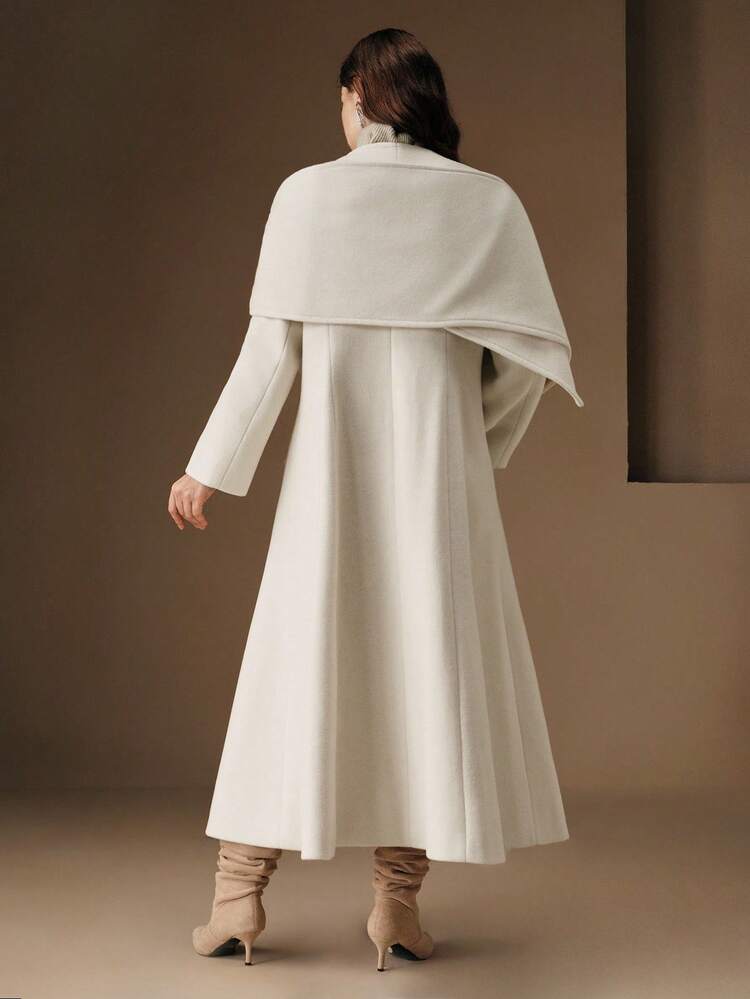 Women's Elegant Vintage Christmas Date Night Round Neck Pearl Button Solid Color Waist Flared Long Wool Coat, Plus Size