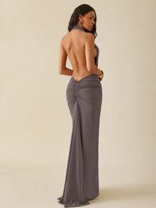 Hauture Summer Vacation Party Solid Semi Sheer Deep Plunge Ruched Maxi Dress - Dusty Purple - View 2