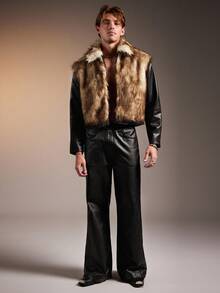 FeverCity 男士秋冬时尚休闲蓬松街头度假渐变色仿皮草拉链领背心夹克 - 黑色 - 查看 4