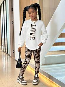 SHEIN Tween Girls' Casual Graphic Print Knit Crew Neck Long Sleeve Hoodie Sweatshirt And Geometric Pattern Leggings 2-Piece Set Tween Outfits Baddie Outfits For Tweens Girls Outfits 12 Year Old Outfits Teen Girl Outfits - Multicolor - View 1