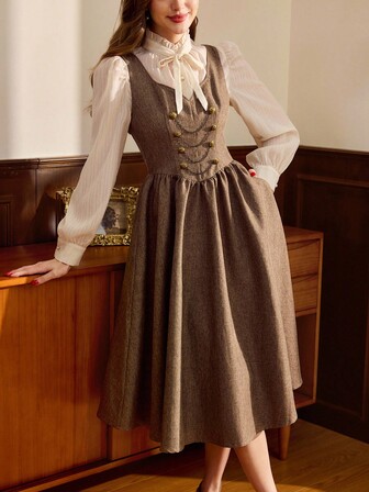 Vintamour 复古优雅女装连衣裙带口袋双排扣链条金属纽扣休闲度假连衣裙秋季