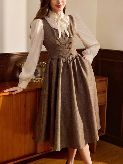 Vintamour 复古优雅女装连衣裙带口袋双排扣链条金属纽扣休闲度假连衣裙秋季