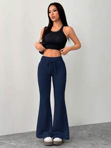 SHEIN PETITE Pantalones de chándal de mujer de cintura elástica gris con vuelo, de estilo casual