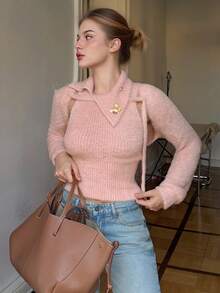 DAZY Conjunto feminino de malha com gola assimétrica, botão de metal e decoração de borboleta, rosa, colete e cardigan, casual e chique, outono/inverno - Rosa - Ver 1
