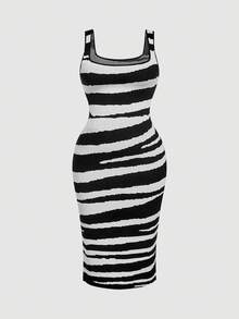 SHEIN MOD فستان مضفر بنمط الزيبرا مقاس كبير، أنيق وعاطفي - أبيض وأسود - مشاهدة 6
