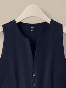 Franclia 2025年夏季新款女士无袖方领简约中长连衣裙，简约优雅修身A字型纽扣前开襟连衣裙，方领露背长裙，通勤优雅连衣裙，派对别致紫色连衣裙 - 藏蓝色 - 查看 4