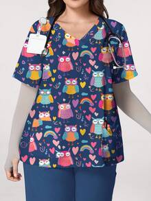 PopScrub Blusa de verano informal tipo uniforme de enfermería para mujer talla grande con lindo estampado de búho y corazón arcoíris