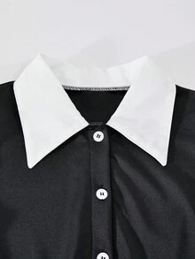 Tween Girl Contrast Collar Flounce Sleeve Mesh Hem Dress Fall Winter  Christmas Costumes - Black - View 5