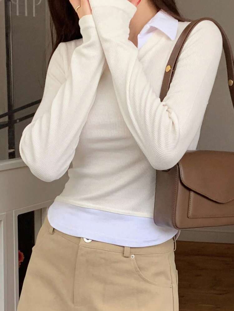 Women's V-Neck Contrast Color 2 In 1 Short Long Sleeve T-Shirt