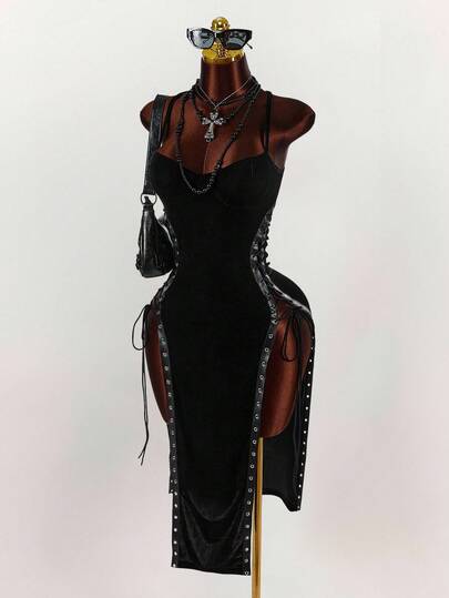 Amplova Vestido midi de mujer de unicolor, sexy y ajustado, con tirantes finos, doble abertura y diseño de cordones con ojales