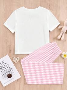 SHEIN Leap Crew 休闲宽松简约圆领短袖上衣和长裤家居服套装，适合青少年女孩春夏季 - 彩色 - 查看 2