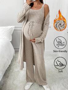 SHEIN 2pcs Maternity Ribbed Long Sleeve Cardigan And Drawstring Waist Jumpsuit Casual Set, Autumn - Apricot - View 1