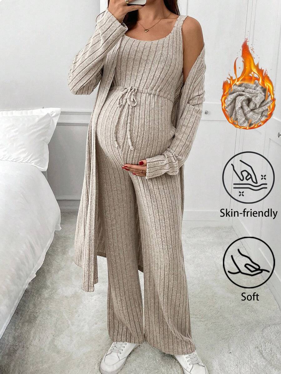 SHEIN 2pcs Maternity Ribbed Long Sleeve Cardigan And Drawstring Waist Jumpsuit Casual Set, Autumn - Apricot - View 1