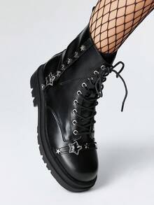 ROMWE Grunge Punk Women's Gothic Style Round Toe Rivet Metal Buckle Thick Heel PU Leather Black Punk Boots, Suitable For Party, Daily Wear, And Casual Styles, Halloween - Black - View 3