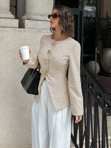 Siren Gaze 女士圆领插肩袖时尚海洋元素金属纽扣装饰优雅夹克，女士纯色单排扣背心和裤子休闲套装秋季女士，返校，乡村音乐会，商务休闲女士，女士教师，约会之夜女士，生日，女士早午餐，西方女装，商务休闲外套 - 杏色 - 查看 3