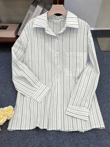 INAWLY 女士标准尺寸休闲度假条纹长袖衬衫 - 藍色 - 查看 4