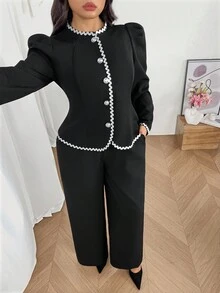 Firerie 大尺碼女款休閒優雅度假風極簡百搭泡泡長袖上衣與寬鬆長褲兩件套，秋季正式黑色辦公穿搭 - 黑色 - 查看 3