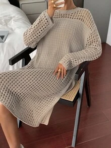 DAZY French Style Hollow Out Midi Dress, Layered Coverup Dress For Vacation Sweater Dress - Apricot - View 3