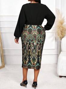 SHEIN Lady Spring And SummerAutumn And Winter Elegant Black Knitted Woven Shirt Collar Pencil Shirt Sleeve Midi Long Sleeve Plus Size Dresses Formal Dress Professional Clothes Christmas Women Clothes Elegant Dress Wedding Holiday Dress Long Sleeve Elegant Dress Curve Elegant Dress Elegant Skirt 2 Piece Sets Woman Skirt Pencil Skirt Plus Size  Halloween Costumes