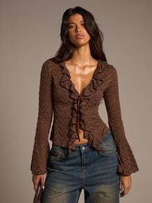 Aloruh Women's Autumn/Winter New Lace Ruffle Tie-Up Long Sleeve Deep V Bodycon Sexy Brown Hollow Out Cardigan - Brown - View 2