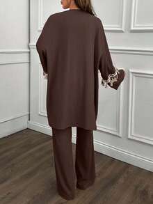 EURMUSE Women, Spring, Summer, Two Set, Kimono, Pant, Trims, Tassel, Elastic Bant, Comfortable, Crinkle Fabric - Brown - View 2