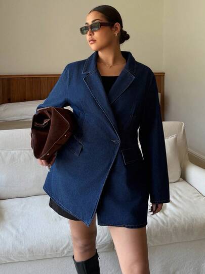 Dripcurv 大码女式蓝色极简主义秋冬牛仔西装外套，时尚且适合工作的修身牛仔外套，复古风格，适合日常穿着和新年装扮。