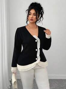 Elenzga Plus Size Elegant Color Block Ruffle Trim Cardigan, Autumn/Winter Fall Cloth For Women - Black - View 4