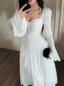 Feyla 女式优雅纯色提花喇叭袖连衣裙 - 白色 - 查看 5