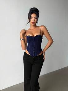 Aloruh Top de mezclilla ajustado con parches de encaje sexy para mujer - Azul lavado oscuro - Ver 4