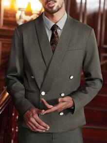 Manfinity Bizformal 1 件男士灰色双排扣西装外套，商务休闲正装，时尚通勤百搭西装外套，送给丈夫、男朋友的首选男士双排扣西装外套双排扣西装外套男士男士西装外套 - 咖啡棕 - 查看 6