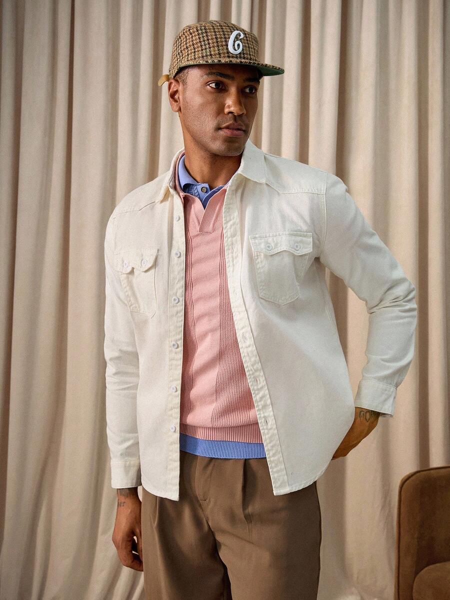 Manfinity Homme Men's Casual Street Style Flap Pocket White Denim Shirt, Western Cowboy White For Slim-Fit Denim Top, Fall - White - View 1