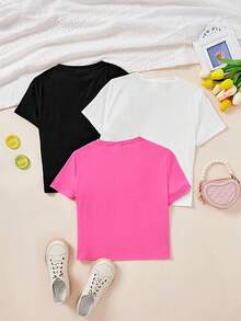 SHEIN Leap Crew 3pcs/Pack Tween Girls' Casual Minimalist Cartoon Pattern Printed T-Shirts, Suitable For Summer, School, Campus, College - Multicolor - View 2