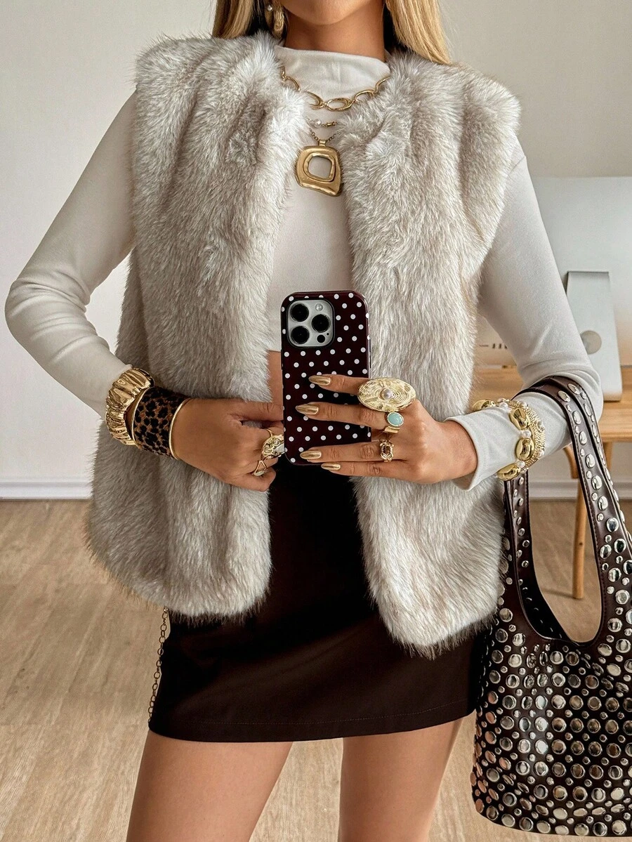 Siren Gaze 女士优雅仿皮草背心，秋冬 - 卡其色 - 查看 1