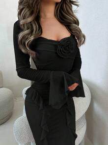 Jemour Elegant Women Going Out Outfit, Sweet Ruffled Long Sleeve Crop Top, Fall Outfit For Casual Date, Party, Event - 3D Floral Decor Long Dress, - Black - View 3