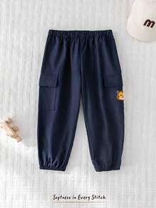 Cozy Pixies Young Boy Cartoon Tiger Graphic Elastic Waist Tapered Leg Casual Cotton Twill Jogger Pants, Versatile & Comfortable Fall Winter