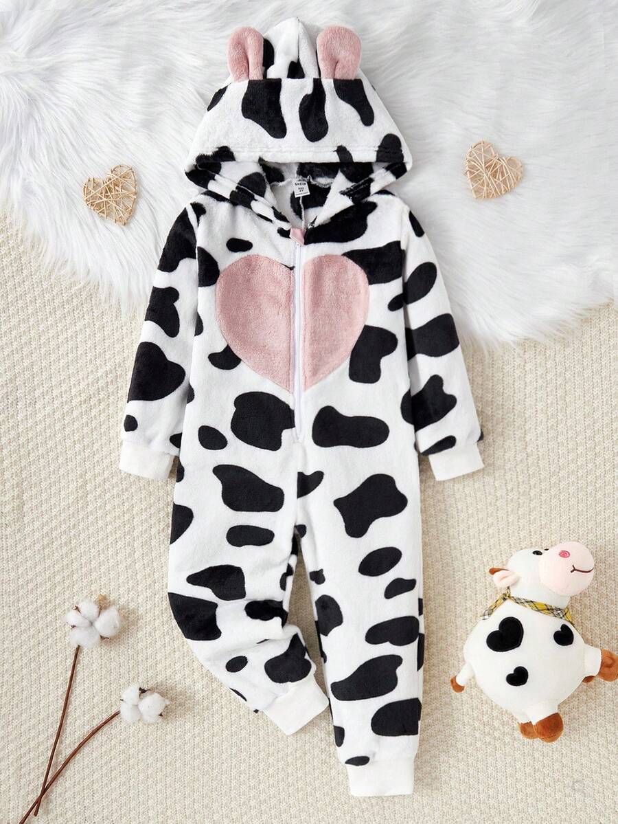 Young Girl' Cute Minimalist Black & White Cow Patchwork Heart Hoodie Plush Long Sleeve Jumpsuit Pajamas Fall Winter - White - View 1
