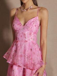 Enchnt Women's Floral Print Layered Ruffle Hem Elegant Spaghetti Strap Dress - Pink - View 3