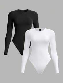 SHEIN CURVE+ Bộ 2 bộ đồ liền thân dệt kim cổ tròn tay dài màu trơn đơn giản dành cho nữ/Mùa thu/Mùa đông - màu đen - Xem 5