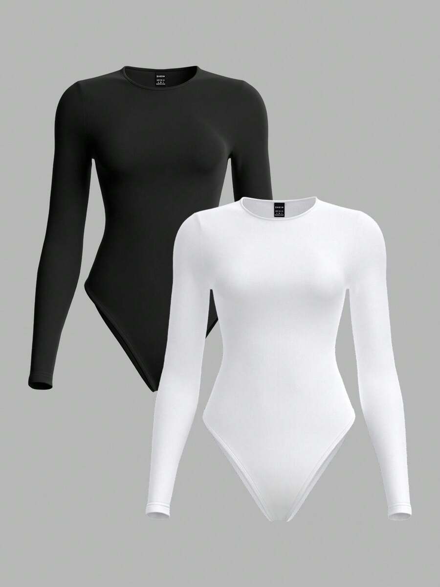 SHEIN BASICS 2pcs/Set Women Solid Color Knitted Round Neck Long Sleeve Bodysuit,Black And White - Black and White - View 1