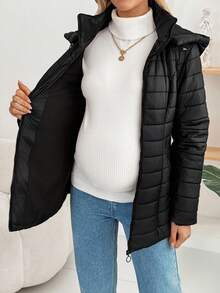 SHEIN 孕妇纯色长袖拉链前抽绳连帽休闲冬季夹克 - 黑色 - 查看 7