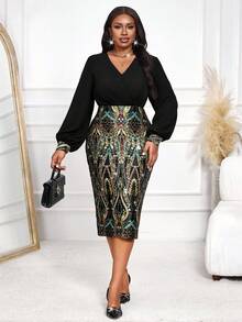 SHEIN Lady Spring And SummerAutumn And Winter Elegant Black Knitted Woven Shirt Collar Pencil Shirt Sleeve Midi Long Sleeve Plus Size Dresses Formal Dress Professional Clothes Christmas Women Clothes Elegant Dress Wedding Holiday Dress Long Sleeve Elegant Dress Curve Elegant Dress Elegant Skirt 2 Piece Sets Woman Skirt Pencil Skirt Plus Size  Halloween Costumes