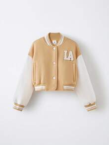 Maija Kids Young Girl Letter Graphic Drop Shoulder Long Sleeve Baseball Jacket,In Fall/Winter - Multicolor - View 2