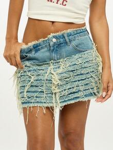 SUMWON WOMEN Distressed Denim Micro Mini Skirt With Extreme Frayed Hem Detail For Festival Summer Street Style - Blue - View 1