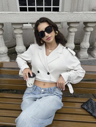 Firerie 女士休闲时尚日常通勤新款简约翻领纽扣灰紫色短款风衣，秋冬