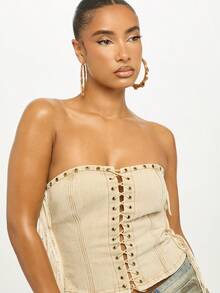 SUMWON WOMEN Denim Eyelet Lace Up Corset Top With Fringe Detail Strapless Bustier