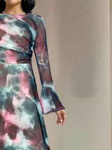 Veilorie 女士时尚优雅扎染印花连衣裙 - 水鴨藍 - 查看 7