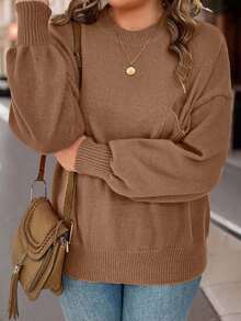 EURMUSE Suéter holgado de manga larga y cuello redondo de unicolor para mujer de talla grande - Camel - Ver 5